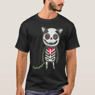 Camiseta Esqueleto de gato espeluznante ojos de botón cosid