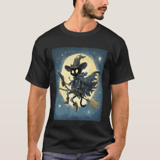 Camiseta Esqueleto de gato negro que lleva sombrero de bruj