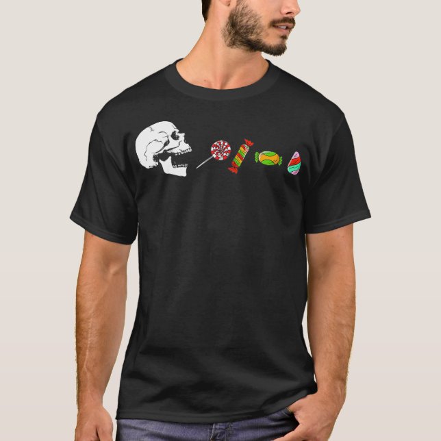 Camiseta Esqueleto de Halloween come dulces, divertida mele (Anverso)