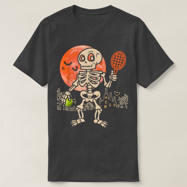 Camiseta Esqueleto de Halloween Jugando Tenis Funny Player  (Diseño del anverso)