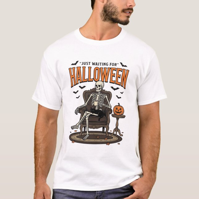 Camiseta Esqueleto de Halloween solo esperando divertido vi (Anverso)