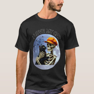 Camiseta Esqueleto de Halloween sosteniendo un gato bajo la