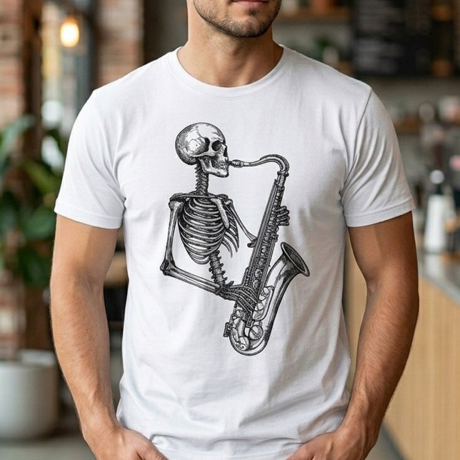 Camiseta Esqueleto de Jazz Tocando Saxofón – Amante de la M (Subido por el creador)