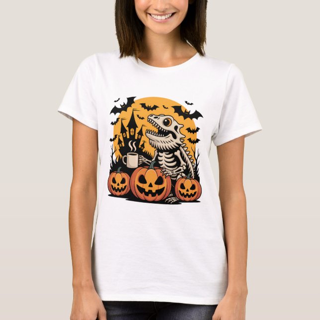Camiseta Esqueleto de los dinosaurios de Halloween con café (Anverso)