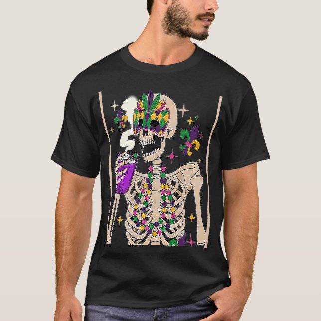 Camiseta Esqueleto de Mardi Gras con Cajón Sonriente (Anverso)