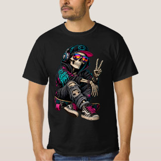 Camiseta Esqueleto de monopatín vibrante con signo de paz y