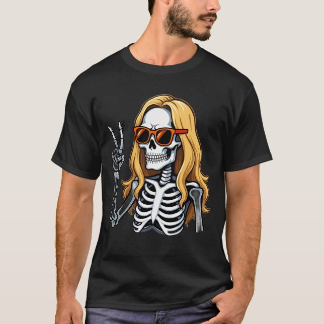 Camiseta Esqueleto de pelo rubio dando señal de paz  (Anverso)