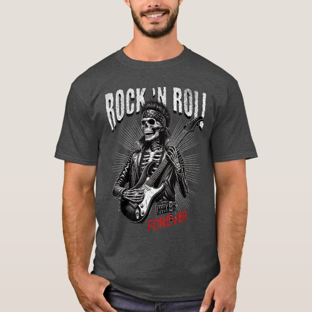 Camiseta Esqueleto de Rock and Roll para Siempre Tocando Gu (Anverso)