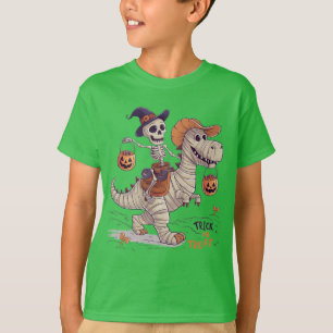 Camiseta esqueleto de truco o trato montando un dinosaurio
