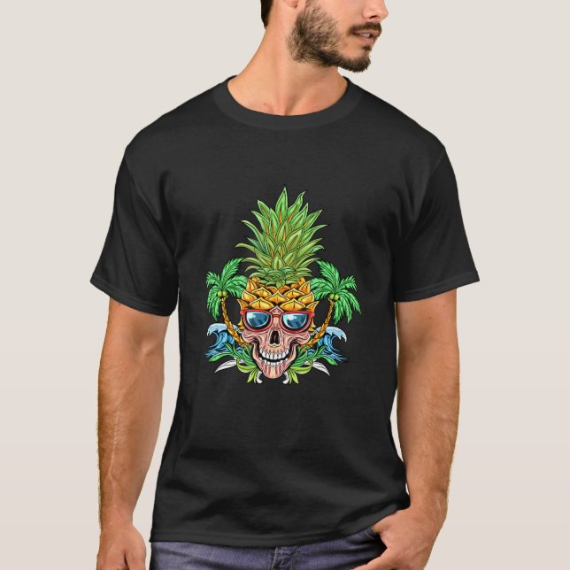 Camiseta Esqueleto de verano Aloha Beach de piña de cráneo  (Anverso)