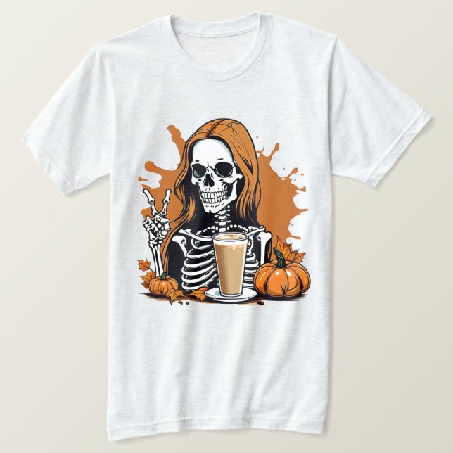 Camiseta Esqueleto del café otoño Halloween (Anverso del diseño)