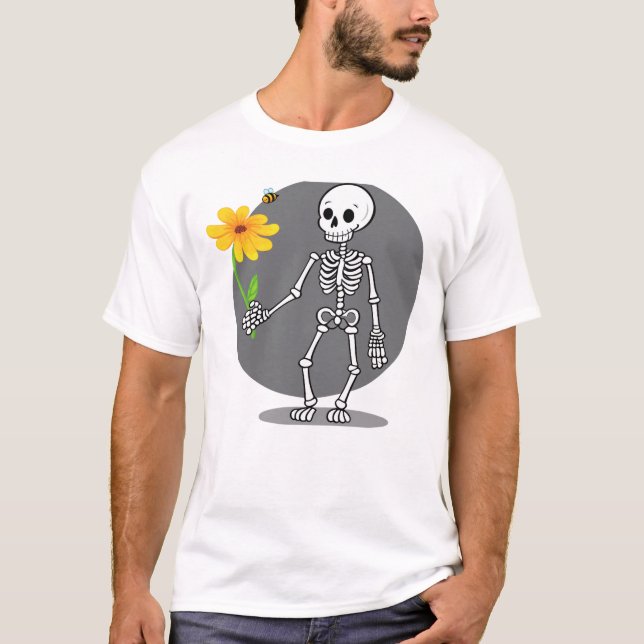 Camiseta Esqueleto divertido com sua flor amarela (Anverso)