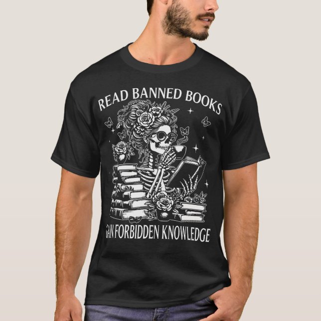 Camiseta Esqueleto Divertido Lee Libros Prohibidos Obtiene  (Anverso)
