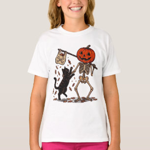 Camiseta Esqueleto Divertido Paseando Gato Negro en Hallowe