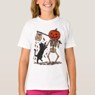 Camiseta Esqueleto Divertido Paseando Gato Negro en Hallowe