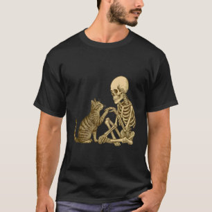 Camiseta Esqueleto jugando con gato lindo Halloween hombres