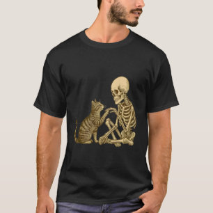 Camiseta Esqueleto jugando con gato lindo Halloween hombres