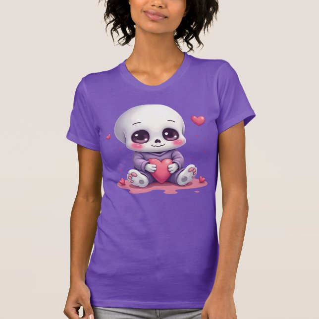 Camiseta Esqueleto Kawaii Sosteniendo Corazón (Anverso)