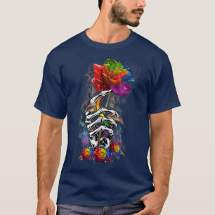 Camiseta Esqueleto LGBT Hand Red Rose Flor Arcoiris LGBTQ P