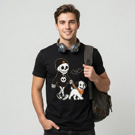 Camiseta Esqueleto Lindo Caminando con Perro en Halloween