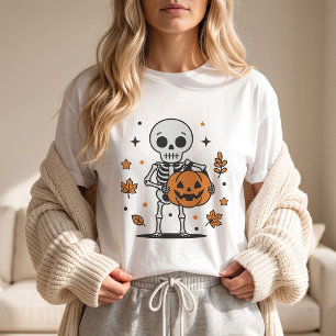 Camiseta Esqueleto Lindo Sosteniendo Calabaza Halloween