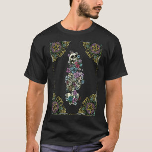 Camiseta Esqueleto Macabro Con Flores Azul Púrpura Y Rosa