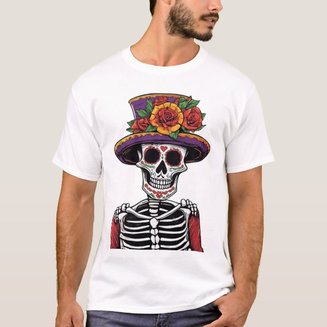Camiseta Esqueleto mexicano con Gorra morado (Anverso)