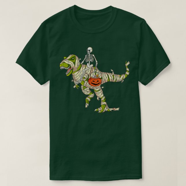 Camiseta esqueleto montando momia dinosaurio t rex hallowee (Diseño del anverso)