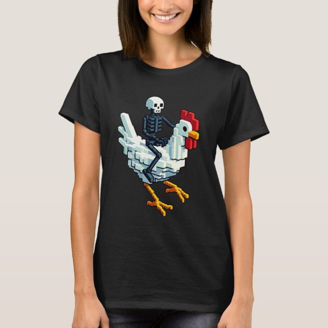 Camiseta Esqueleto Montando Pollo Estilo Bloque Arte Pixel  (Anverso)