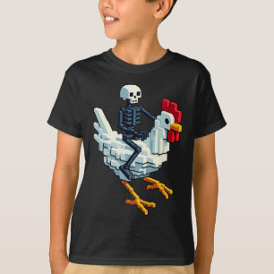 Camiseta Esqueleto Montando Pollo Estilo Bloque Arte Pixel 