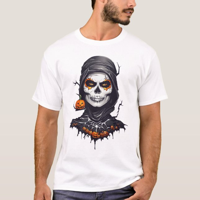 Camiseta Esqueleto negro vestido con arte de IA de Hallowee (Anverso)