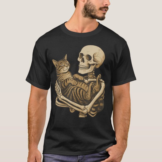 Camiseta Esqueleto sosteniendo gato (Anverso)