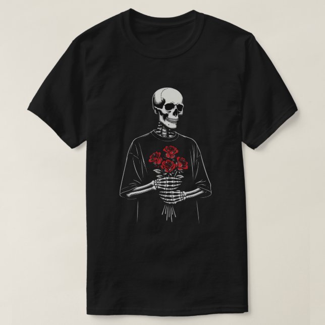 Camiseta Esqueleto sosteniendo rosas rojas – Día de San Val (Diseño del anverso)