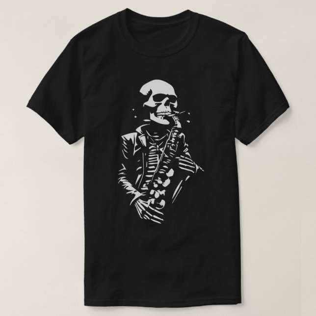 Camiseta esqueleto tocando saxofón (Diseño del anverso)