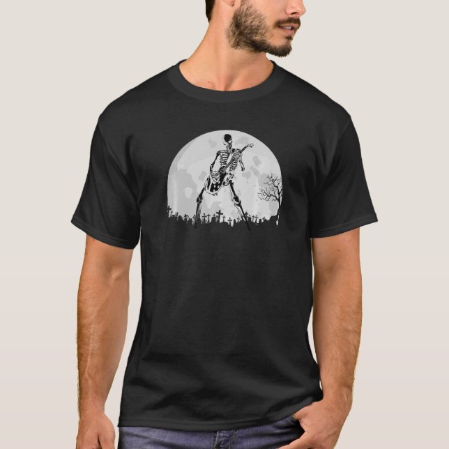 Camiseta Esqueleto tocando solo guitarra eléctrica en luna  (Anverso)