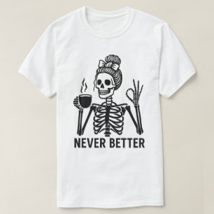 Camiseta Esqueleto Vintage con Taza de Café – Nunca Mejor