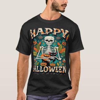 Camiseta Esqueleto Vintage de Halloween con gato y Jack-O-L