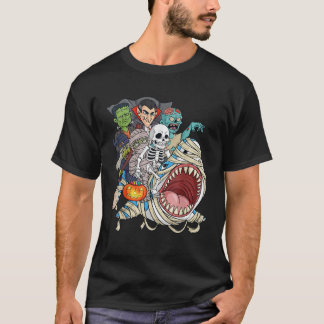 Camiseta Esqueleto Zombie Montando Tiburón Momia Vampiro Ha