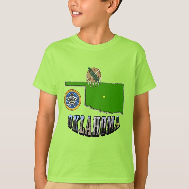 Camiseta Esquema del mapa de Oklahoma, sello y texto de ima (Anverso)