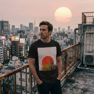 Camiseta Esquina urbana con paisaje de sol rojo