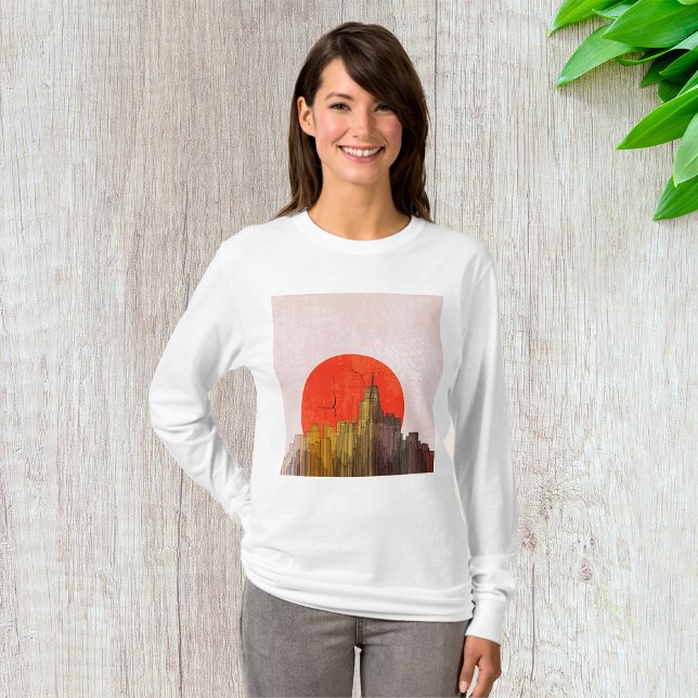 Camiseta Esquina urbana con paisaje de sol rojo (Subido por el creador)