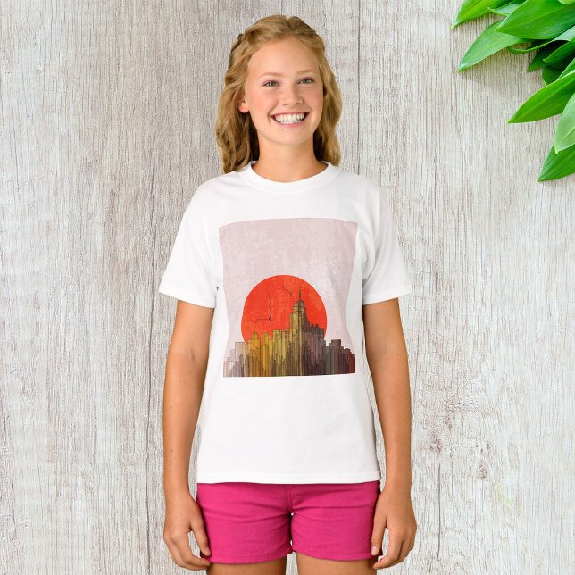 Camiseta Esquina urbana con paisaje de sol rojo (Subido por el creador)