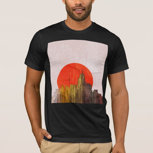 Camiseta Esquina urbana con paisaje de sol rojo (Anverso)