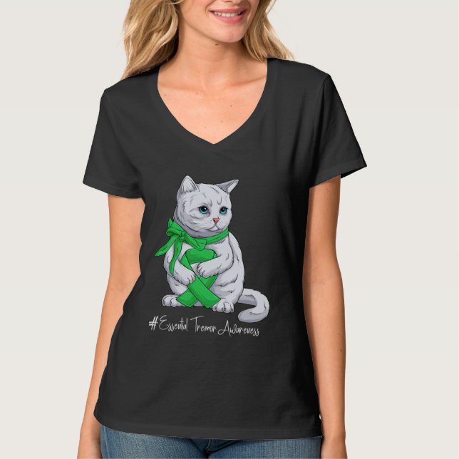 Camiseta Essential Tremor Awareness Month Green Ribbon Cat (Anverso)