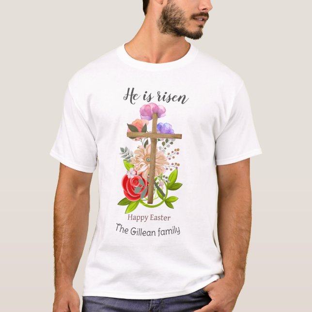 Camiseta Está levantado, maderas florales Familia de Pascua (Anverso)