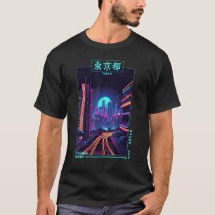 Camiseta Estación retro japonesa de ciberfuturismo en la ci