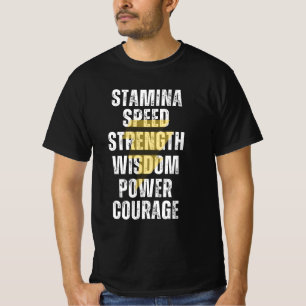 CAMISETA ESTAMINA, VELOCIDAD, FUERZA, SABIDURÍA, PODER, VAL