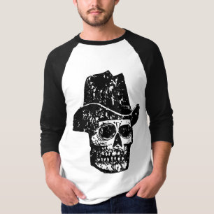 Camiseta Estampa Vintage de Cráneo de Vaquero con Sombrero 