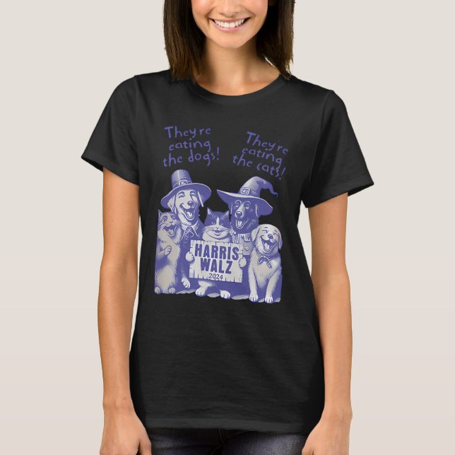 Camiseta ¡Están comiendo perros! ¡Comen Gatos! Votar a Kama (Anverso)