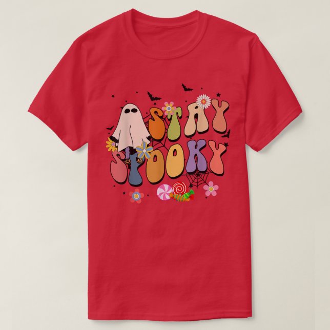 Camiseta Estancia Spooky Retro Groovy Fantasma Floral Happy (Diseño del anverso)